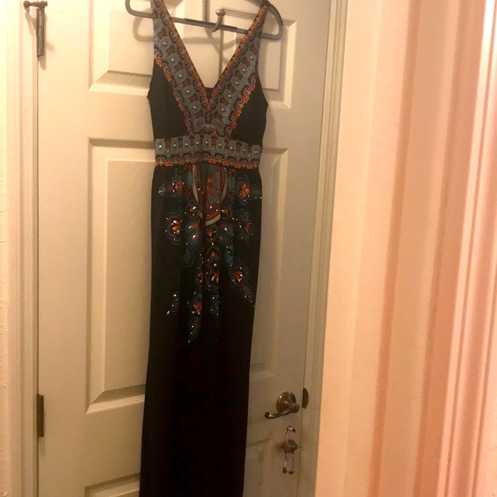 INC International Concepts Black Maxi Dress with Blue and Orange Embroidery